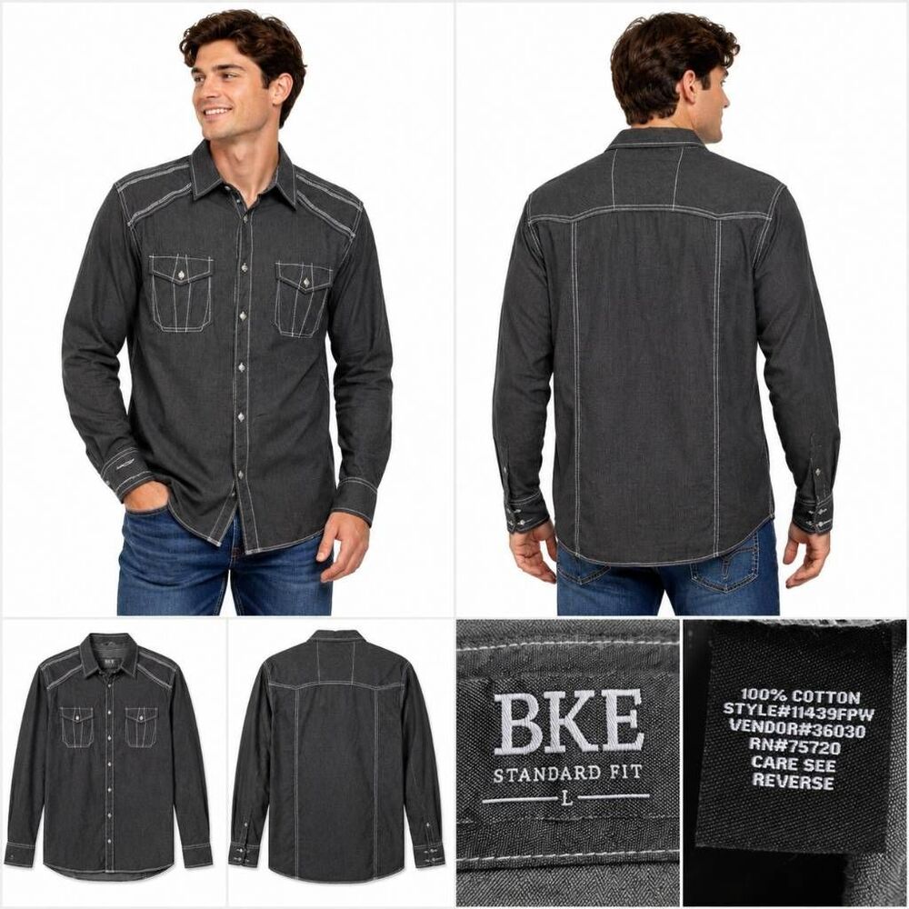 BKE Black Button Down Shirt Contrast Stitch Men’s L